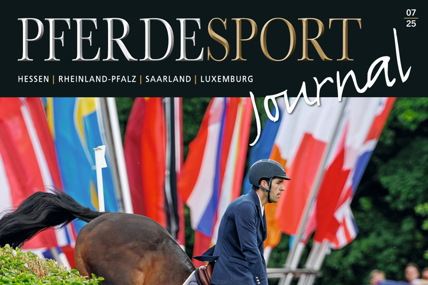 Titel der Ausgabe 07-2025 des Pferdesport-Journals: Es zeigt den luxemburgischen Springreiter Charles Hubert Chiche auf seinem Hengst Andain du Thalie bei Hamburger Dergy
