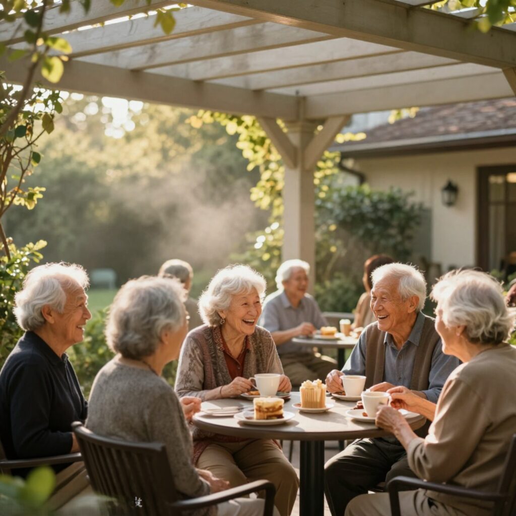 Alte Menschen sitzen im Garten unter einer Überdachung, trinken Kaffee und unterhalten sich entspannt. Trotz der Hitze geht es Ihnen gut, denn ihr Bereich wird durch den feinen Wassernebel einer Bejola-Sprühnebelanlage gekühlt