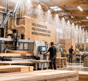 KI-Bild einer Anwendung einer Bejola-Sprühnebelanlage in der holzverarbeitenden Industrie